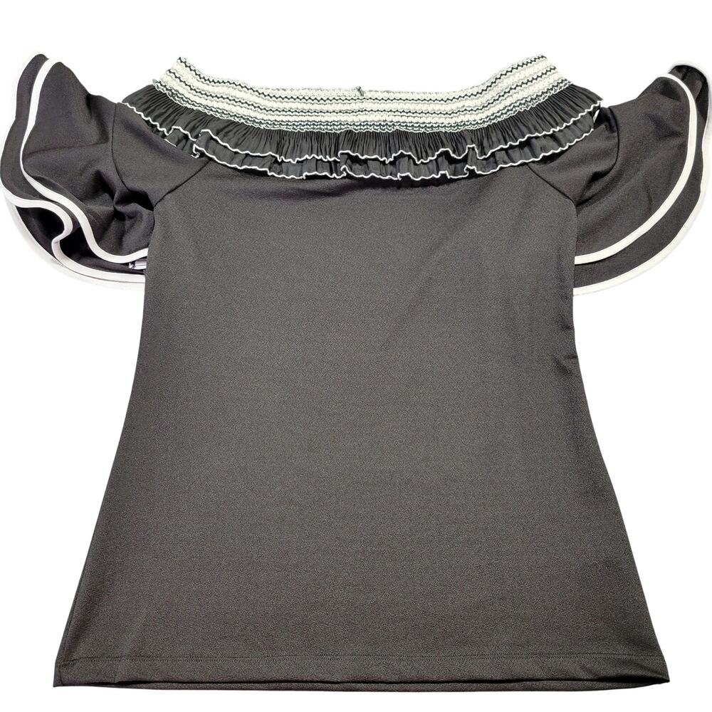 Milan Kiss Black Ruffled Short Sleeve Shirt Stretch Preppy Boatneck Women Size M